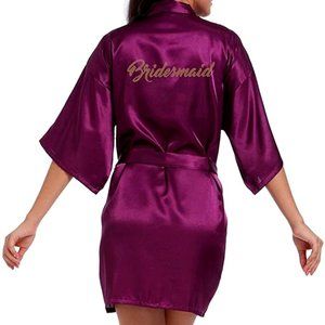 Women's Purple & Gold Satin Kimono Robe for Bridesmaid Size XL New
